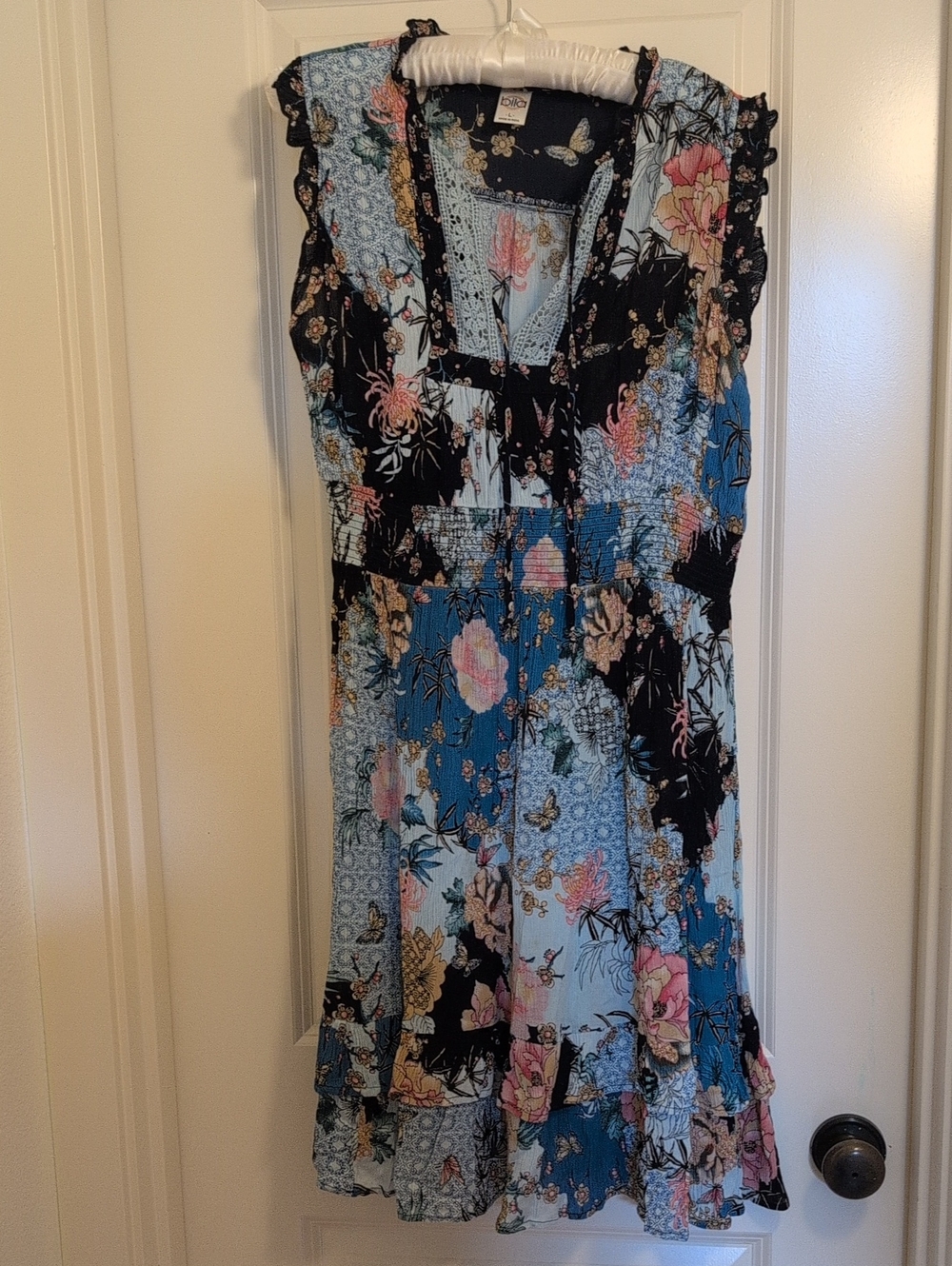 Floral Bohemian Gauze Dress With Cap Sleeves And Pretty Lace Open Neckline